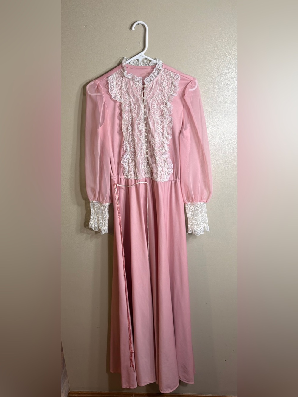 Vintage Pink Prairie Maxi Dress Lace Cottagecore XS